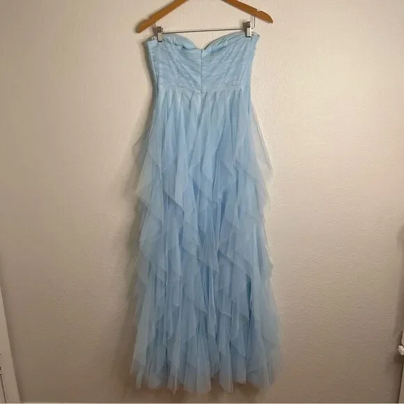 Lulus Delightful Beauty Blue Mesh Strapless Ruched Ruffled Maxi Dress Medium